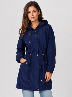 Trina Turk Trench Coat With Hood Size M Navy Utility Fall Rain Repellent Work